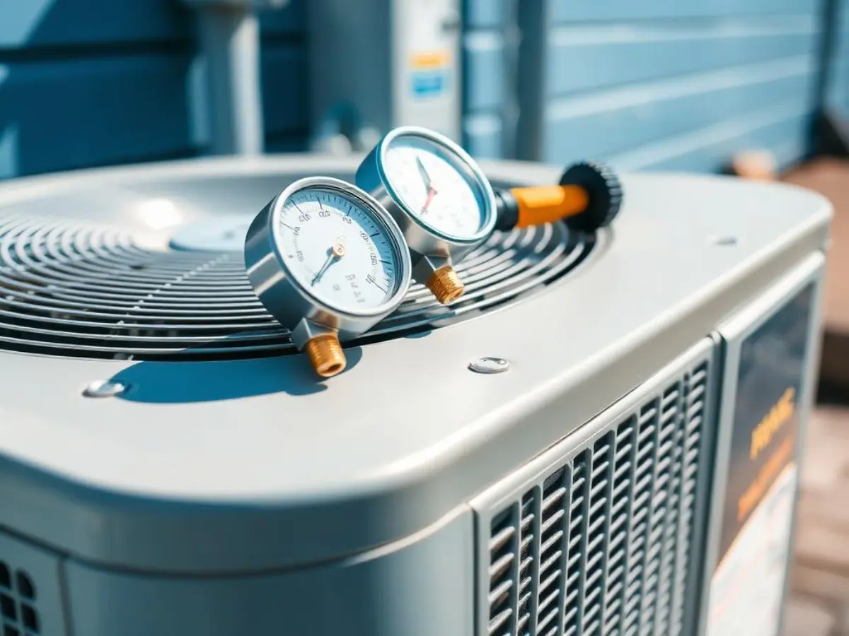 HVAC service gauges on a residential air conditioner during maintenance